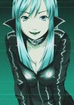  1girl annyuiusagi bangs black_bodysuit black_choker black_lips blue_eyes blue_hair bodysuit breasts choker cleavage devil_summoner highres light_blue_hair light_green_hair long_hair nemissa screen sidelocks soul_hackers swept_bangs television unzipped 