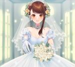  1girl asymmetrical_bangs bangs blue_gemstone blush bouquet breasts brown_eyes brown_hair cleavage closed_mouth collarbone dress earrings elbow_gloves flower gem gloves hair_flower hair_ornament head_wreath highres holding holding_bouquet jewelry kanna-mika looking_at_viewer medium_breasts necklace nisekoi onodera_kosaki pink_flower shiny shiny_hair short_hair_with_long_locks sleeveless sleeveless_dress smile solo wedding_dress white_dress white_gloves yellow_flower 