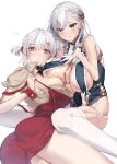  2girls absurdres asymmetrical_docking azur_lane belfast_(azur_lane) belfast_(azur_lane)_(cosplay) belfast_(piping-hot_perfection)_(azur_lane) breast_curtains breast_press breasts china_dress chinese_clothes cosplay costume_switch dress furon_(froon) gloves highres huge_breasts looking_at_viewer lying multiple_girls official_alternate_costume on_side simple_background sirius_(azur_lane) sirius_(azur_lane)_(cosplay) sirius_(azure_horizons)_(azur_lane) sitting thighhighs thighs wariza white_background white_hair wrist_cuffs 