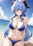  1girl ai-generated bad_hands beach bikini blue_bikini blue_hair blue_sky breasts cleavage day ganyu_(genshin_impact) goat_horns hair_between_eyes horns large_breasts long_hair looking_at_viewer nai_diffusion navel non-web_source ocean parag0n purple_eyes self_upload sitting sky solo stomach swimsuit 