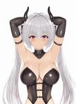  1girl arm_strap armpit_peek arms_behind_head arms_up bangs bare_shoulders black_choker black_gloves blush bondage_outfit breasts choker commentary_request covered_nipples demon_horns elbow_gloves gloves grey_hair hair_belt hakaba_(dairiseki) highres horns large_breasts long_hair looking_at_viewer navel purple_eyes smile solo tama_project tamatoyz twintails virtual_youtuber weiss_anne 