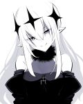  1girl absurdres bangs breasts detached_sleeves dress fur_choker greyscale halter_dress halterneck head_tilt highres ishiyumi long_hair looking_at_viewer medium_breasts monochrome original pointy_ears smile solo straight-on white_background 