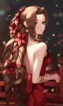  1girl absurdres aerith_gainsborough backless_dress backless_outfit bare_arms bare_back bare_shoulders blurry blurry_background blush bokeh braid brown_hair closed_mouth depth_of_field dress earrings falling_petals final_fantasy final_fantasy_vii final_fantasy_vii_remake flamenco_dress flower from_behind glint green_eyes hair_flower hair_ornament hair_ribbon highres jewelry long_hair looking_at_viewer looking_back necklace official_alternate_costume petals red_dress red_flower red_ribbon revision ribbon ringlets sidelocks smile solo standing star_(symbol) star_earrings strapless strapless_dress tooku0 twin_braids very_long_hair 