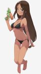  1girl absurdres ahagon_umiko aqua_eyes bangs bare_arms bare_legs barefoot bikini black_bikini breasts brown_hair chiisamekai cleavage collarbone full_body grey_background hair_between_eyes hair_ornament highres holding holding_water_gun long_hair low-tied_long_hair lowleg lowleg_bikini new_game! shiny shiny_hair side-tie_bikini_bottom sideboob simple_background solo swimsuit thigh_gap underboob very_long_hair water_gun x_hair_ornament 