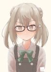  1girl absurdres bespectacled bow bowtie commentary_request double_bun dress dress_shirt fyuo glasses green_bow green_bowtie hair_bun highres kantai_collection light_brown_hair looking_at_viewer michishio_(kancolle) michishio_kai_ni_(kancolle) pinafore_dress shirt short_hair short_twintails simple_background solo twintails upper_body white_background white_shirt 