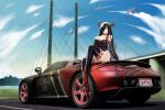  1girl absurdres alternate_costume azur_lane bird black_hair boots breasts bridge car character_name cloud cloudy_sky copyright_name day friedrich_der_grosse_(azur_lane) full_body ground_vehicle hair_over_one_eye highres horns iron_blood_(emblem) kcar66t large_breasts license_plate long_hair motor_vehicle porsche porsche_carrera product_placement race_queen sky sports_car thigh_boots 
