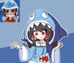  1girl animal_costume black_hair blue_background closed_mouth cosplay fumo_(doll) gawr_gura gawr_gura_(cosplay) hair_tubes hakurei_reimu hololive hololive_english long_sleeves malrangdonut medium_hair red_eyes reference_inset shark_costume solo touhou two-tone_background 