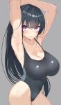  1girl armpits arms_up bangs black_hair black_one-piece_swimsuit blue_eyes blush breasts cleavage covered_navel glowing glowing_eyes grey_background highres long_hair one-piece_swimsuit original osuman_toruko simple_background smile solo swimsuit wet 