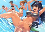  4girls :d amami_haruka antenna_hair arms_up ass bangs bare_shoulders barefoot bikini black_bikini black_hair blue_eyes blue_sky blunt_bangs blush breasts brown_hair cleavage clenched_hands closed_eyes cloud collarbone commentary_request day fang full_body ganaha_hibiki green_eyes groin hair_between_eyes hair_ribbon highleg highleg_bikini highres idolmaster idolmaster_(classic) jumping kikuchi_makoto large_breasts long_hair medium_breasts midriff mikel_(4hands) multiple_girls navel ocean open_mouth outdoors plaid plaid_bikini ponytail ribbon short_hair sky sleeveless sleeveless_jacket small_breasts smile striped striped_bikini swimsuit takatsuki_yayoi tan teeth twintails upper_teeth wristband 