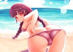  1girl alternate_costume ass beach bikini black_hair braid highres huge_ass kaabon_meshi long_hair ocean red_eyes sand solo swimsuit touhou twin_braids water yatadera_narumi 