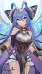  antenna_hair armlet bare_shoulders blue_hair breasts butterfly_wings cleavage cleavage_cutout clothing_cutout dragalia_lost hair_ornament highres jewelry large_breasts long_hair origa_(dragalia_lost) punished_pigeon red_eyes side-tie_costume skirt smile solo white_skirt wings 