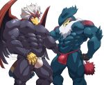  abs absurd_res anthro anthrofied asian_clothing beak blush braviary bulge clothing duo east_asian_clothing feathered_wings feathers fundoshi generation_4_pokemon generation_5_pokemon hi_res honchkrow japanese_clothing maldu male male/male muscular muscular_anthro muscular_male nintendo nipples pecs pokemon pokemon_(species) simple_background underwear video_games white_background wings 