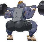 anthro barbell big_butt bodily_fluids bottomwear butt clothing crouching exercise footwear generation_1_pokemon hi_res machoke maldu male muscular muscular_anthro muscular_male nintendo pokemon pokemon_(species) shirt shoes shorts simple_background solo sweat tank_top topwear video_games white_background 
