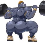 anthro anus back_muscles backsack balls barbell big_butt bodily_fluids butt clothing crouching exercise footwear footwear_only generation_1_pokemon genitals hi_res humanoid_genitalia humanoid_penis machoke maldu male mostly_nude muscular muscular_anthro muscular_male nintendo penis pokemon pokemon_(species) shoes shoes_only simple_background solo suntan sweat tan_line video_games white_background 