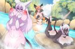  anthro areola big_breasts breasts butt convenient_censorship domestic_cat felid feline felis female group hi_res holding_breast huge_breasts lying mammal nipples nude on_front sagestrike2_(artist) trio water 