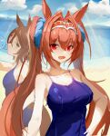  2girls animal_ears bangs bare_arms bare_shoulders blue_one-piece_swimsuit blue_sky bottle breasts brown_hair cloud collarbone commentary_request daiwa_scarlet_(umamusume) day hair_between_eyes hair_intakes hand_on_hip horse_ears k_k_s_k large_breasts long_hair multiple_girls open_mouth outdoors red_eyes sky swimsuit tiara twintails umamusume very_long_hair vodka_(umamusume) water_bottle 