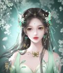  1girl artist_request baiguio_(zhu_xian) brown_hair dress earrings falling_petals flower forehead green_background green_dress hair_ornament highres jewelry long_hair necklace parted_lips petals second-party_source shiny shiny_hair solo upper_body white_flower zhu_xian 