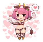  1girl animal_ears animal_print bare_shoulders bell bikini bottle breasts chibi commentary cow_print cowbell elbow_gloves fake_animal_ears fake_tail gloves hair_ornament hairclip heart highres holding holding_bottle large_breasts looking_at_viewer milk_bottle open_mouth original pink_eyes pink_hair short_hair side-tie_bikini_bottom simoyuki simple_background solo speech_bubble spoken_heart swimsuit symbol-only_commentary tail thighhighs 