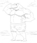  2020 anthro belly chubby_anthro chubby_male clenched_teeth clothing dc_comics fangs fish gills hand_behind_head hand_on_hip hi_res king_shark male marine musclegut muscular_arms pecs reagan_long shark slightly_chubby smile solo standing swimming_trunks swimwear teeth 