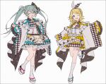  2girls ;d argyle argyle_kimono bangs blue_eyes green_hair hair_between_eyes hakusai_(tiahszld) hatsune_miku japanese_clothes kagamine_rin kimono long_hair long_sleeves multiple_girls one_eye_closed pinching_sleeves platform_footwear short_kimono simple_background sleeves_past_wrists smile socks standing standing_on_one_leg swept_bangs twintails very_long_hair vocaloid white_background white_footwear white_kimono white_socks wide_sleeves zouri 