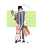  1boy 1girl ahoge anya_(spy_x_family) awarinko bag bangs black_footwear black_hair bobby_socks closed_mouth commentary_request female_child hairpods height_difference highres holding holding_bag horn_ornament horns hug peanut pink_hair shoes shopping_bag short_hair signature sneakers socks spy_x_family standing star_(symbol) stuffed_animal stuffed_toy sweatdrop teddy_bear twitter_username uncle_and_niece v-shaped_eyebrows yuri_briar 
