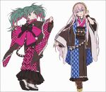  2girls :d arms_up bangs black_kimono black_pantyhose blue_eyes blue_nails green_hair hair_between_eyes hakusai_(tiahszld) hand_up hatsune_miku headphones japanese_clothes kimono long_sleeves looking_at_viewer looking_back megurine_luka multicolored_hair multiple_girls nail_polish pantyhose pink_hair plaid_kimono purple_eyes purple_hair purple_kimono safety_pin shoes simple_background sleeves_past_wrists smile standing two-tone_hair vocaloid white_background white_footwear wide_sleeves 