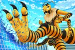  2022 3_fingers 3_toes anthro anthrofied arthropod balls black_body building cloud debris destruction digital_media_(artwork) feet fingers fist furrypur genitals hi_res hymenopteran insect kick macro penis sky skyscraper striped_body stripes toes wasp yellow_body 