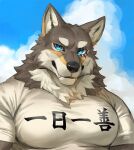  2022 anthro barazoku big_muscles big_pecs bust_portrait canid canine canis clothed clothing cloud day eyebrows fur hi_res japanese_text looking_at_viewer male mammal muscular muscular_anthro muscular_male ogami_aratsuka outside pecs portrait rossciaco scar shirt sky smile solo teeth text text_on_clothing text_on_shirt text_on_topwear topwear tuft virtual_youtuber wolf youtuber 