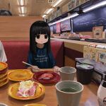  1girl absurdres black_eyes black_hair child chopsticks conveyor_belt couch cup food highres light_smile long_hair original plate restaurant romaji_text sa1bi sitting sushi table 