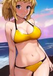  1girl ai-assisted ass_visible_through_thighs bangs bare_shoulders bikini blonde_hair blue_eyes blue_sky blush breasts cleavage closed_mouth cloud cloudy_sky collarbone commentary cowboy_shot day groin gundam gundam_build_fighters gundam_build_fighters_try haruhisky highres horizon hoshino_fumina large_breasts light_smile looking_at_viewer navel ocean outdoors sky smile solo sports_bikini sportswear swimsuit thighs water yellow_bikini 