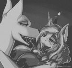  ahegao anthro bestiality big_breasts black_and_white bodily_fluids breasts canid canine canis domestic_dog dominant dominant_feral duo female feral greyscale kissing looking_pleasured mammal monochrome nipples nude saliva saliva_string shamziwhite 