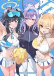  3girls ;d absurdres ahoge animal_ears arm_up armpits bangs bare_shoulders black_hair black_jacket blonde_hair blue_archive blue_background blue_eyes blue_hairband breasts cheerleader cleavage commentary crop_top facial_mark goggles goggles_on_head hairband halterneck hibiki_(blue_archive) highres jacket kotori_(blue_archive) large_breasts long_hair looking_at_viewer midriff miniskirt multiple_girls navel one_eye_closed open_mouth pants parted_lips pleated_skirt pom_pom_(clothes) purple_eyes purple_hair qianshui_baodan red_eyes skirt smile star_(symbol) stomach thighs utaha_(blue_archive) white_pants white_skirt 