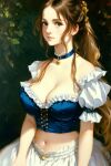  1girl ai-generated bare_shoulders blue_choker breasts brown_hair choker cleavage closed_mouth collarbone frills green_eyes large_breasts long_hair navel original realistic setawar stable_diffusion 