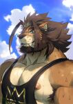  2022 anthro armpit_hair barazoku barong_(tas) beard big_muscles big_pecs bodily_fluids body_hair bust_portrait clothed clothing cloud day eyebrows facial_hair facial_piercing fangs felid fur hair hi_res lifewonders lion looking_at_viewer male mammal mane muscular muscular_anthro muscular_male nipples nose_piercing nose_ring outside pantherine pecs piercing portrait ring_piercing rossciaco sabertooth_(anatomy) shirt sky smile solo sweat tank_top teeth tokyo_afterschool_summoners topwear video_games 
