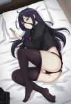  1girl ass bed black_panties black_pantyhose black_sailor_collar black_serafuku black_shirt black_skirt cellphone clothed_masturbation clothes_pull female_masturbation from_above green_eyes hair_between_eyes hand_in_panties highres holding holding_phone kuon_bb long_hair long_sleeves looking_at_phone lying masturbation neckerchief on_bed on_side original panties pantyhose pantyhose_pull phone pillow purple_hair pussy_juice red_neckerchief sailor_collar school_uniform serafuku shirt skirt skirt_removed smartphone solo thighs underwear very_long_hair 