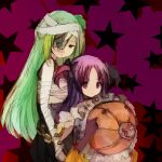  2girls 86thunder absurdres alina_gray alina_gray_(halloween_ver.) bandaged_arm bandages bangs blunt_ends blush bubble_skirt chain choker frills green_hair hair_between_eyes hair_ornament halloween halloween_costume hat highres long_hair magia_record:_mahou_shoujo_madoka_magica_gaiden magical_girl mahou_shoujo_madoka_magica mask_over_one_eye medium_hair misono_karin misono_karin_(halloween_ver.) multicolored_clothes multicolored_hair multiple_girls parted_bangs pumpkin purple_eyes purple_hair ribbon sarashi sidelocks skirt star_(symbol) straight_hair streaked_hair two_side_up very_long_hair 