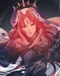  1girl artist_name blue_gemstone circlet dancer forehead_jewel gem genshin_impact gold_choker harem_outfit highres horns jewelry kirisy_art long_hair long_sleeves looking_at_viewer neck_ring nilou_(genshin_impact) parted_lips puffy_long_sleeves puffy_sleeves red_hair solo vambraces veil white_headdress white_veil x_arms 