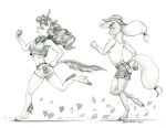  2022 69_(number) anthro applejack_(mlp) asian_mythology autumn_blaze_(mlp) baron_engel bottomwear breasts chinese_mythology clothing crop_top duo earth_pony east_asian_mythology equid equine eyebrows female friendship_is_magic graphite_(artwork) greyscale hair hasbro hat headgear headwear hooves horn horse jogging kirin leaf long_hair mammal midriff monochrome my_little_pony mythology navel pencil_(artwork) pony racing running shirt shorts tank_top topwear traditional_media_(artwork) 