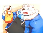  2022 anthro belly big_belly blue_eyes blush clothing humanoid_hands kemono kumazawow male mammal overweight overweight_male polar_bear scarf shirane_kan solo sweater topwear ursid ursine utau white_body 