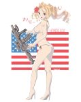  1girl absurdres american_flag artist_name bikini blonde_hair breasts character_name from_side full_body grey_eyes gun heart high_heels highres holding holding_gun holding_weapon honolulu_(kancolle) kantai_collection large_breasts long_hair looking_at_viewer official_alternate_costume scope side-tie_bikini_bottom simple_background solo swimsuit tada weapon white_background white_bikini 
