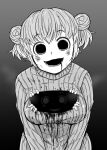  1girl 4shi bags_under_eyes cleavage_cutout clothing_cutout commentary_request dango-chan_(4shi) darkness double_bun drooling gradient gradient_background greyscale hair_bun highres hollow_eyes horror_(theme) leaning_forward long_sleeves looking_at_viewer meme_attire monochrome multiple_hands open-chest_sweater open_mouth original ribbed_sweater short_hair smile solo stain stained_clothes steam sweater v_arms 