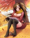  1girl absurdres alternate_costume autumn autumn_leaves black_footwear boots braid breasts brown_hair cleavage dress fire_emblem fire_emblem_fates hair_over_one_eye hair_tie high_heel_boots high_heels highres holding holding_sketchbook huge_breasts kagero_(fire_emblem) knees_up leaf_pile long_hair looking_at_viewer paintbrush parted_lips ponytail red_ribbon ribbon scarf single_braid sitting sketchbook smile solo sweater sweater_dress thigh_boots thighs tree very_long_hair will_(willanator93) yellow_scarf 