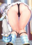  1girl amane_kanata angel_wings ass ass_focus bent_over black_panties cameltoe checkered_clothes checkered_legwear commentary_request facing_away feet_out_of_frame from_behind halo hololive indoors knees_together_feet_apart long_sleeves mini_wings miniskirt multicolored_hair paid_reward_available panties pleated_skirt rikatan short_hair skirt sleeves_past_wrists socks solo standing star_halo streaked_hair thighs thong underwear virtual_youtuber white_hair white_skirt white_wings wings 