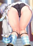  1girl amane_kanata angel_wings ass ass_focus bent_over black_panties cameltoe checkered_clothes checkered_legwear commentary_request facing_away feet_out_of_frame from_behind halo hololive indoors knees_together_feet_apart long_sleeves mini_wings miniskirt multicolored_hair paid_reward_available panties pleated_skirt rikatan short_hair skirt sleeves_past_wrists socks solo standing star_halo streaked_hair thighs underwear virtual_youtuber white_hair white_skirt white_wings wings 