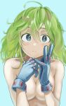  1girl absurdres ahoge blue_eyes boku_no_hero_academia breasts closed_mouth covering covering_breasts fengling_(furin-jp) gloves green_hair hagakure_tooru hands_up highres light_blue_background light_frown medium_breasts portrait short_hair simple_background solo topless upper_body 
