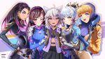  5girls animification apex_legends bat_hair_ornament belt black_belt black_bodysuit black_choker black_gloves black_skirt blonde_hair blue_bodysuit blue_eyes blue_gloves blue_headwear blue_jacket blush bodysuit breasts brown_eyes brown_hair choker collarbone commission cropped_shirt crossover d.va_(overwatch) dark-skinned_female dark_skin earrings english_commentary fang fingerless_gloves genshin_impact gloves grey_hair hair_ornament headphones highres holding_another&#039;s_arm hood hooded_jacket hoop_earrings jacket jewelry kamisato_ayaka looking_at_viewer medium_breasts mole mole_under_eye multiple_crossover multiple_girls navel one_eye_closed orange_jacket original overwatch pilot_suit pink_eyes ponytail reyna_(valorant) ribbed_bodysuit shirt short_hair silverium_(youtuber) skirt smile straight-on valorant wattson_(apex_legends) white_bodysuit white_shirt yenm 