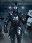  1boy armor armored_boots blood blood_on_weapon boots concrete gauntlets helmet holding holding_flail holding_weapon knight looking_at_viewer original outdoors pauldrons semideus shadow shoulder_armor solo weapon 