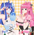  2girls alternate_costume alternate_hairstyle blue_hair breasts cleavage commentary_request eyelashes hair_ornament hair_ribbon joman korean_commentary large_breasts long_hair mask mouth_mask multicolored_hair multiple_girls one_piece perona pink_eyes pink_hair puffy_short_sleeves puffy_sleeves ribbon short_sleeves sitting sketch twintails two-tone_hair ulti_(one_piece) white_mask 