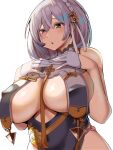  1girl azur_lane bangs between_breasts braid breast_curtains breasts brown_eyes china_dress chinese_clothes covered_nipples dress eyebrows_hidden_by_hair gloves grey_hair hair_between_eyes highres huge_breasts large_breasts looking_at_viewer necktie necktie_between_breasts short_hair sirius_(azur_lane) sirius_(azure_horizons)_(azur_lane) solo valfer white_gloves 