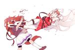  &gt;_&lt; 2girls :d animal_ears blush boots brown_hair closed_eyes commentary_request drop_kick flying_kick frilled_skirt frills ggubii0225 gloves gold_ship_(umamusume) grey_hair horse_ears horse_girl horse_tail kicking knee_boots kneehighs long_hair mask mask_removed mouth_mask multiple_girls orfevre_(umamusume) pants pillbox_hat pleated_skirt sharp_teeth simple_background skirt smile socks tail teeth umamusume white_background white_footwear white_gloves white_pants white_skirt white_socks 